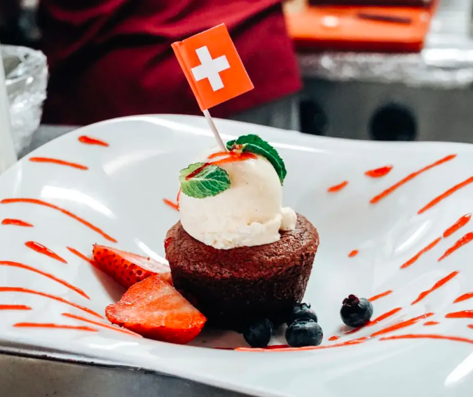 Delicious dessert with ice cream and fruit